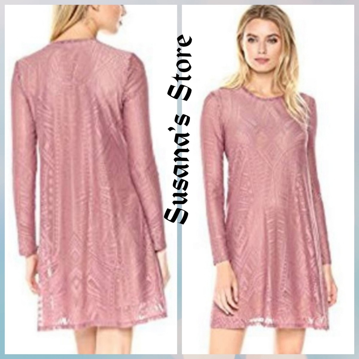 BCBG MAXAZRIA★Wave lace patchwork knitted dress BC22 NWT BCBG MAXAZRIA SIZE L DUSTY PINK NATYLY LONG-SLEEVE