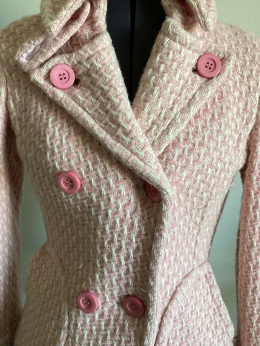 Pink Vintage 60s Wool Tweed Jacket Double Breasted Cute Pockets S XS - Picture 4 of 9