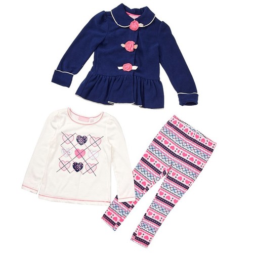 Kids Headquarters Girl 3PC Navy Jacket Pea Coat Heart Top Leggings Outfit Set 6 - Picture 2 of 3