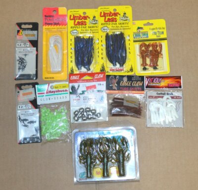 11 Assorted Fishing Accessories- Ripple Tail Skirts, Glow Beads, Bait+