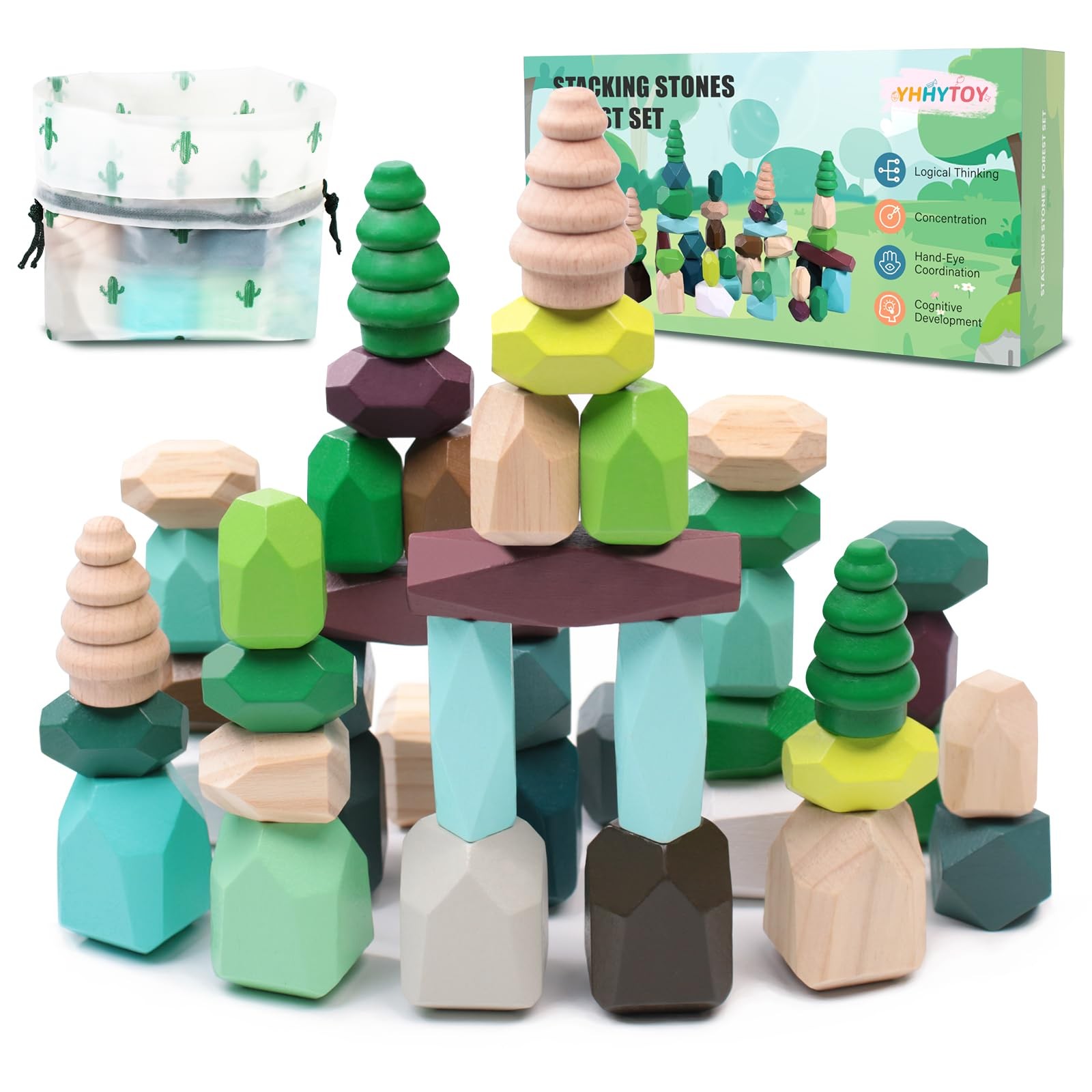 40 PCS Wooden Stacking Rocks Building Blocks Forest Theme, Sensory Learning M...