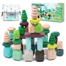 40 PCS Wooden Stacking Rocks Building Blocks Forest Theme, Sensory Learning M...