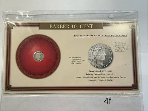 1898 Barber Dime In Good Condition With Display/descriptive Card