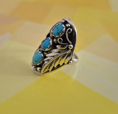 Vintage American Native Navajo Indianerschmuck Ring 3 Türkis 925 Silber sig. JJ