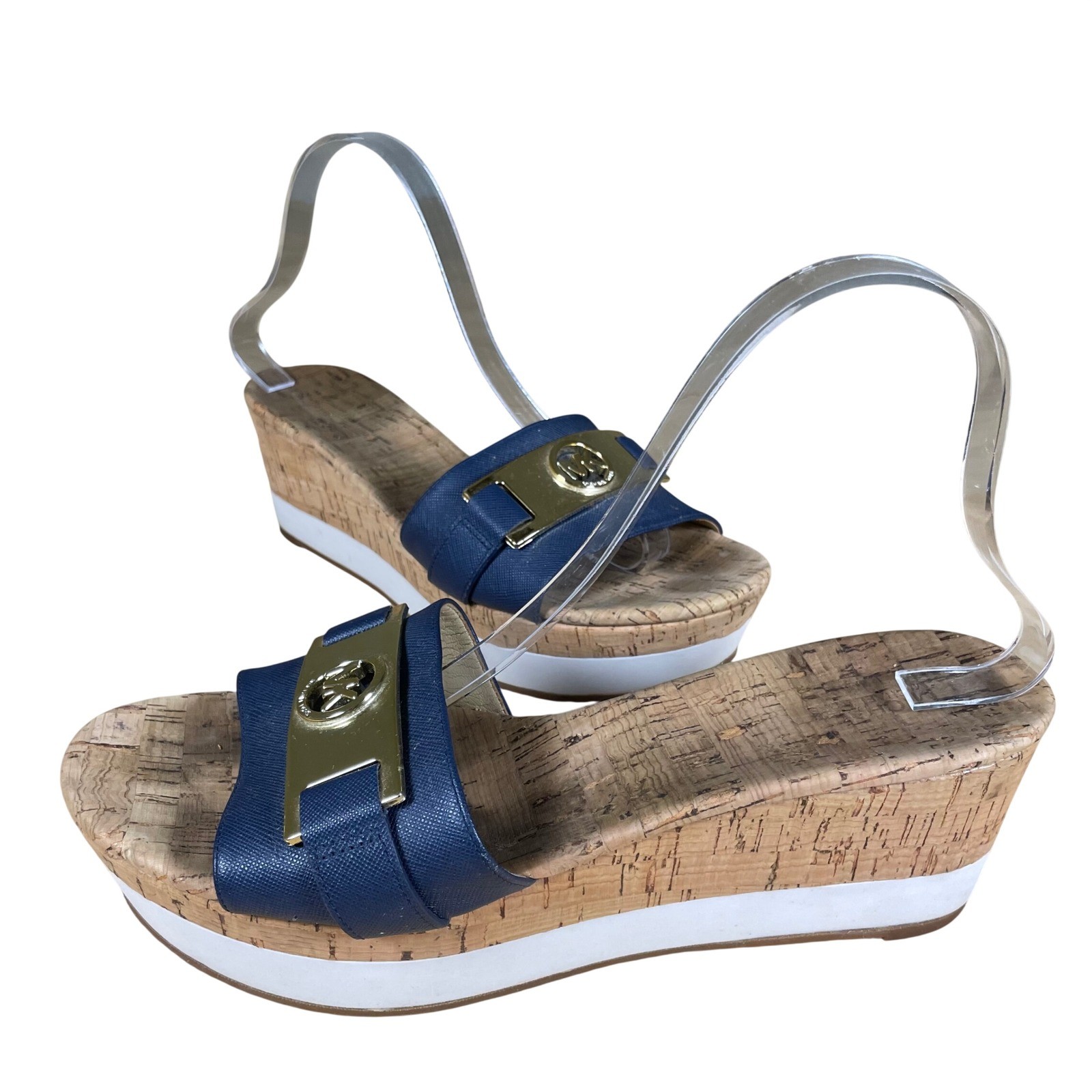 Michael Kors Womens Navy Blue Cork Wedge Slide Sandals MK Logo Gold Size 9.5
