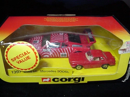 NOS VINTAGE 1397 CORGI BMW M1, MERCEDES 500SL SPECIAL VALUE 2 CAR SET (1983)