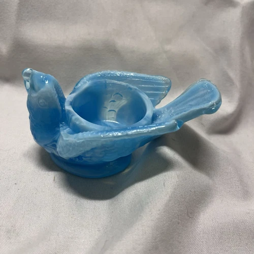 Vintage Boyd Blue Slag Milk Glass Open Salt Celler Bird
