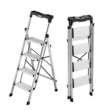 4 Step Ladder, 330 lbs Capacity, Folding Aluminum Stepladder, Silver
