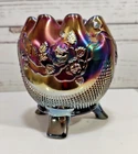 Vintage Amethyst Northwood Fine Cut & Roses 3 Footed Crimped Top Iridescent