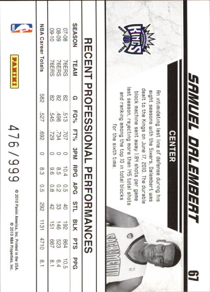 2010-11 Donruss Production Line #67 Samuel Dalembert /999 BSK - Image 2 of 2