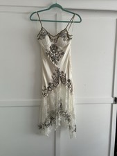 Vintage Sue Wong White Silk Lace Overlay Beaded Handkerchief Hem Midi Dress
