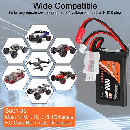 2S 1000mAh 7.4V Lipo Battery SCX24 PH2.0 & JST Plug with 2in1 USB Charger for RC - Picture 8 of 9