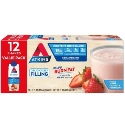 Atkins Protein Shake, Strawberry, Keto Friendly, 15g of Protein, 12 Ct 