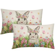 Easter Pillow Covers 12x20 Set of 2 12 x 20 Inch Easter Bunny Floral Eggs