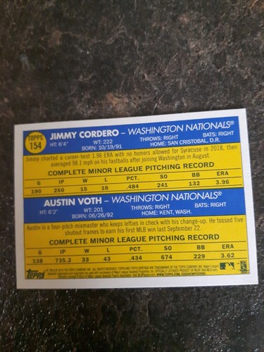 2019 Topps Rookie Stars Jimmy Cordero Austin Voth RC Card# 154 - Picture 2 of 2