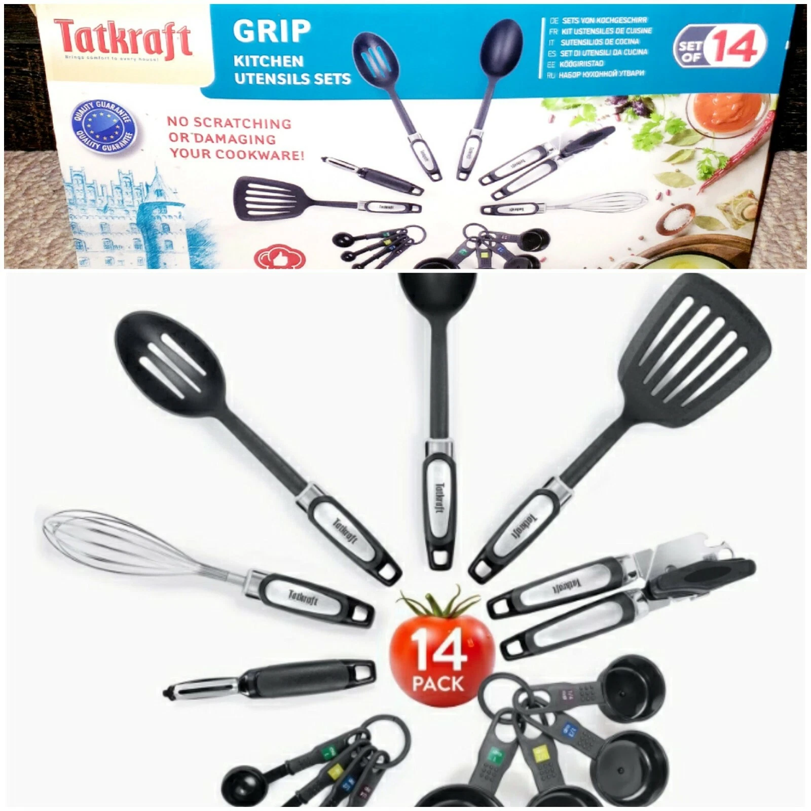 Tatkraft Grip 14-Piece Cooking Utensils, Stainless Steel and Nylon SHIPS FREE