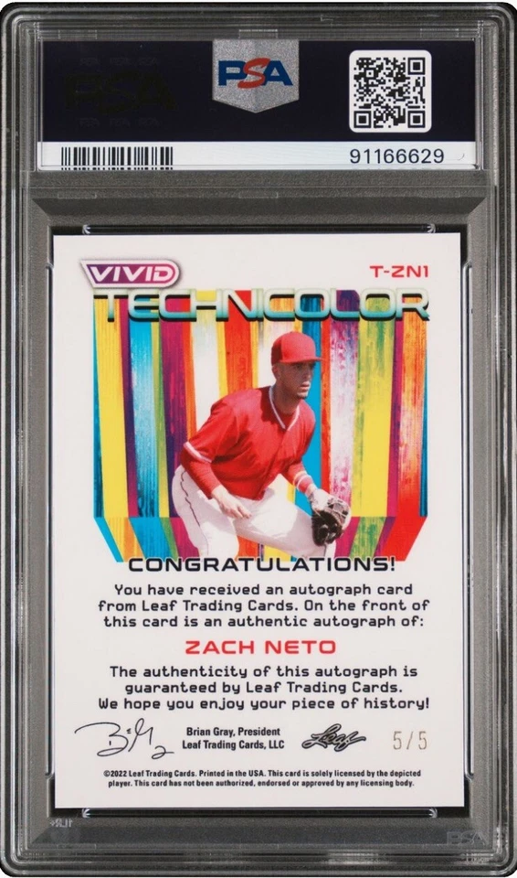 2022 Leaf Vivid Technicolor Purple  Autographs Zach Neto RC Auto SP 5/5 PSA 9 - Image 2 of 2