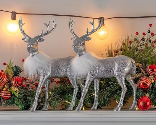 Silver Glitter Christmas Reindeer - Xmas Holiday Party Deer Figurine Statues Din - Picture 6 of 6