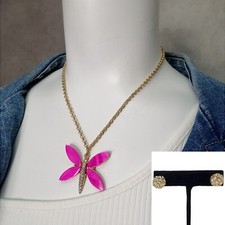 Jewelry Set Rhinestone Fuchsia Acrylic Butterfly Pendant Necklace Stud Earrings