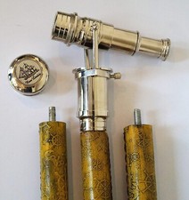 BRASS TELESCOPE HIDDEN COMPASS ON TOP HEAD HANDLE LEATHER WOODEN STICK CANE GIFT