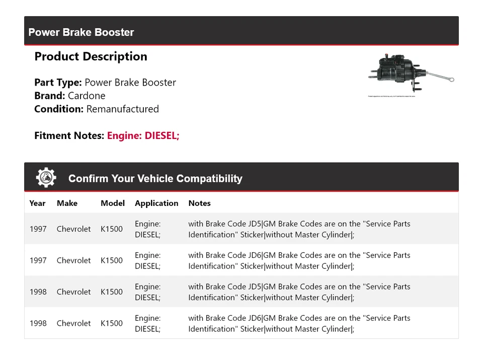 Para Chevrolet K1500 1997-1998 Diesel Power Brake Booster Cardone Foto 2 de 4
