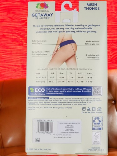 Fruit of the Loom Getaway Mesh Thongs 4‑Pack Women’s Size 9/2XL - Picture 2 of 2