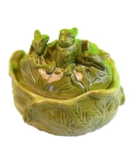 1975 Holland Mold Ceramic Green Cabbage Bowl/Dish Rabbits Bunnies On Lid Vintage