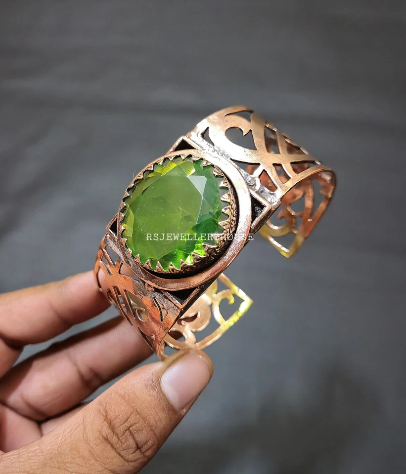 Precioso Brazalete Brazalete Redondo Peridoto Cobre Diseñador Ajustable Regalo Brazalete Foto 3 de 4