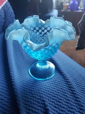 Vintage Fenton Blue Opalescent Hobnail Compote Candy Dish