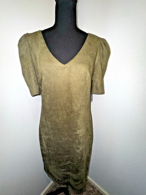 Guess Women's Olive Green Puff-Sleeve Faux-Suede V-Neck Sheath Dress Size 8 NWT