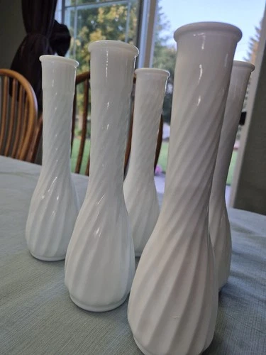 Lot of 6 Vintage Milk Glass Swirled Bud Vases, 9 inch