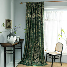 Green Velvet Curtains with Gold Foil Leaf Print