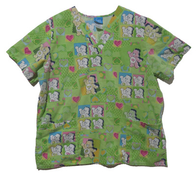RARE! Vintage Sz L Care Bears Scrub Top Lime Green Teddy Bear Pockets Hearts Fun