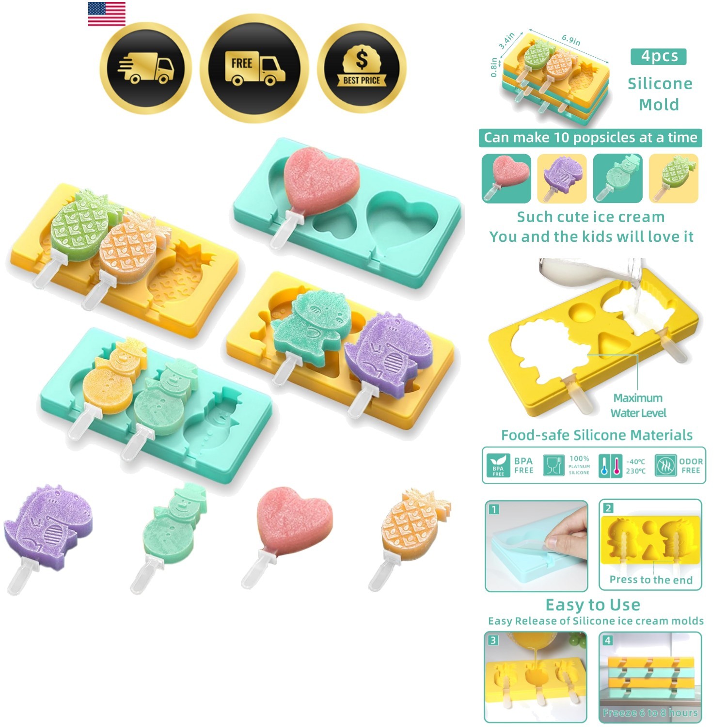 Kids Cartoon Popsicle Molds 4 Pack Food-Grade Silicone Ice Pop Maker Sets
