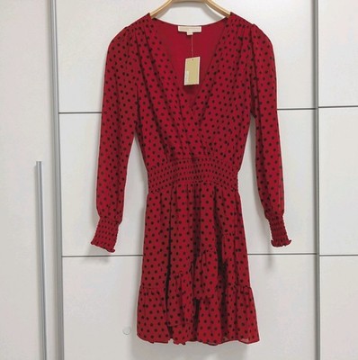 Michael Kors Langarm Rüschenkleid XS 34 Scarlet Rot Polka Dots gepunktet *Neu