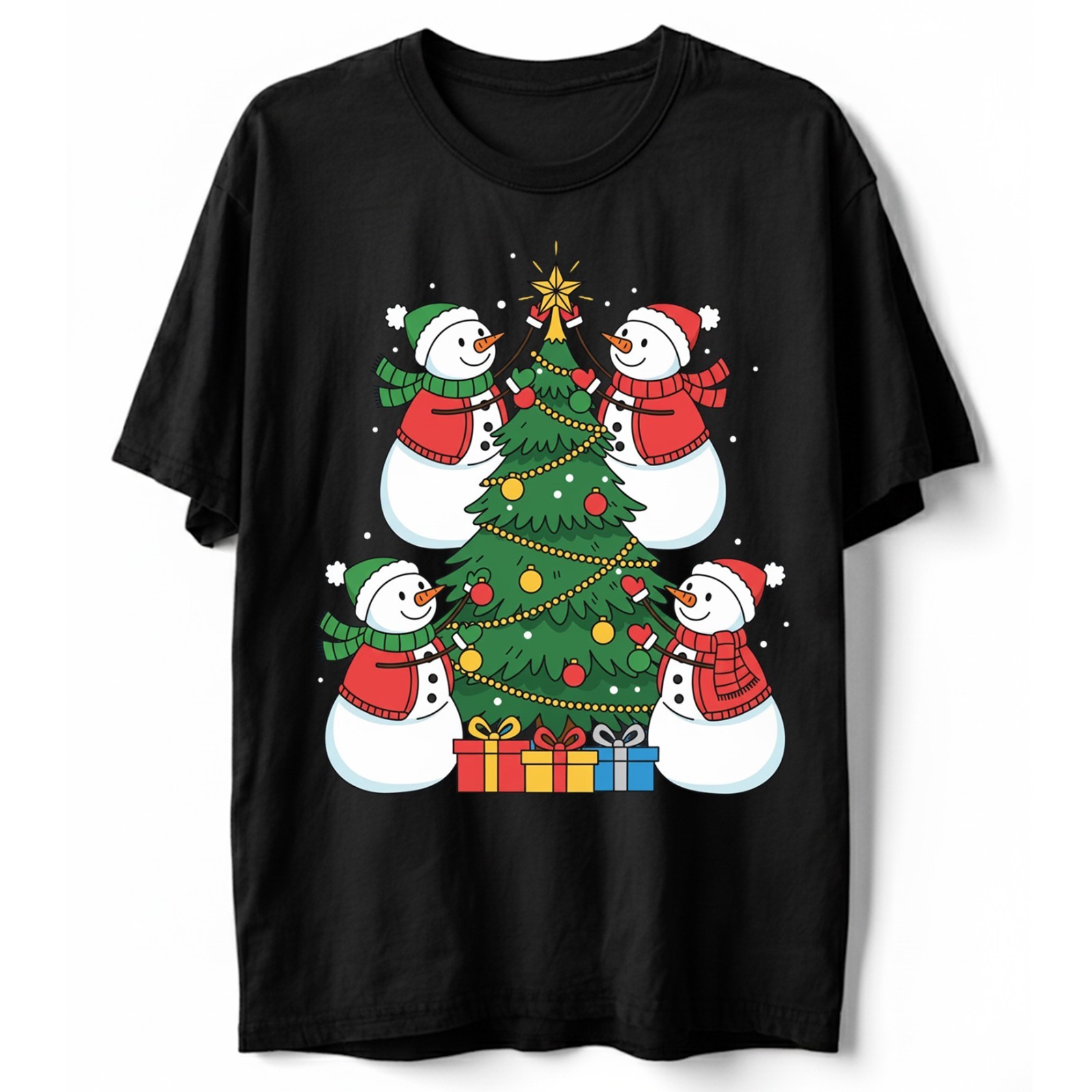 Cute Snowman Decorating Christmas Tree T-Shirt Winter Holiday Family Xmas Gift