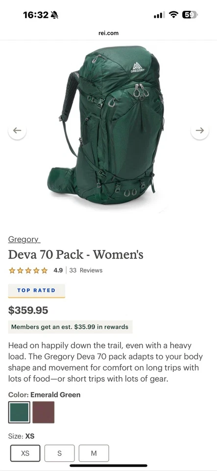 Mochila de Senderismo Gregory Deva 70 Para Mujer Verde Esmeralda Extra Pequeña XS WXS Foto 2 de 4