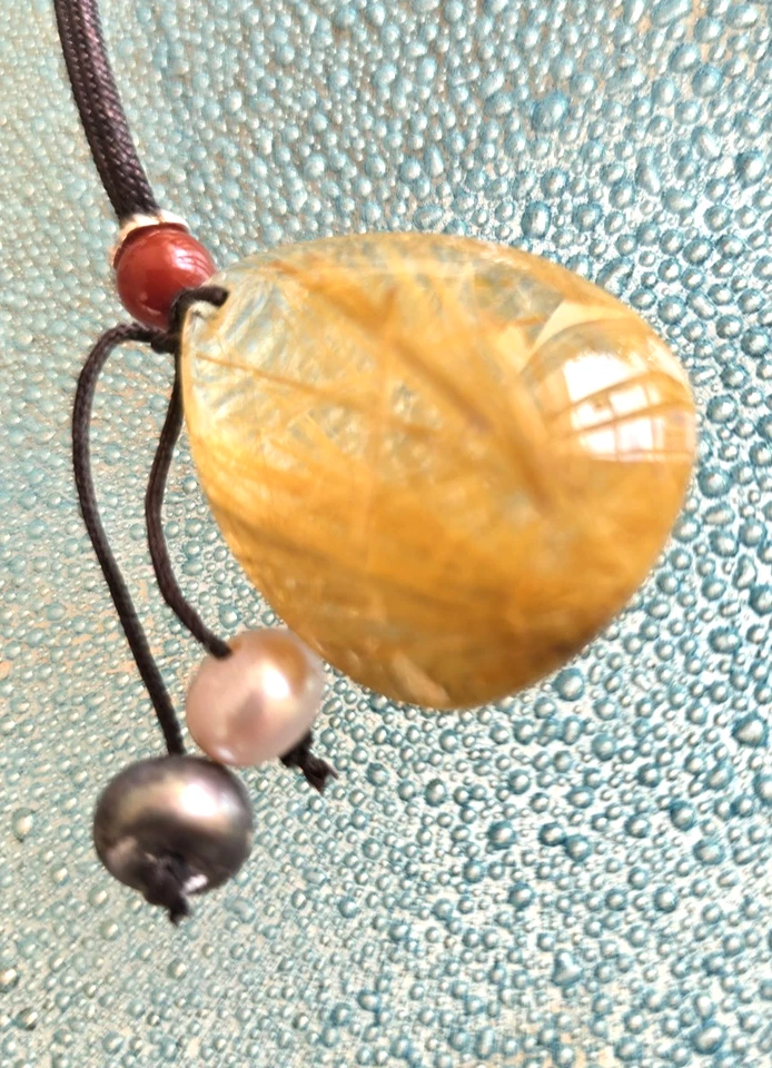 Natural AAA TITANIUM RUTILATED Quartz PEAR Crystal POLISHED  Necklace w/2 Pearls - Image 3 of 4