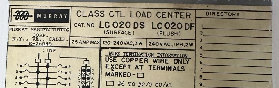 Murray LC020DS Class CTL Load Center 125A LC020DF w/ (11) Breakers - Image 3 of 3