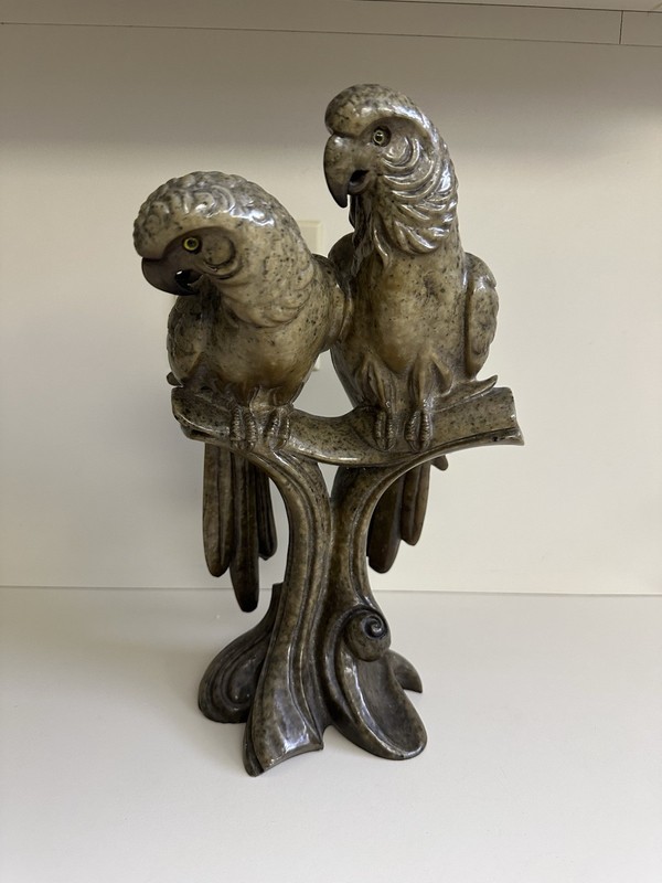 VTG Large Handcarved  Parrots Stone  Statue Made In Hawaii Glass Eyes 13” T