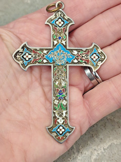 ANTIQUE RUSSIAN SILVER ENAMEL CROSS PENDANT CLOISONNE FLORAL 925 TESTED