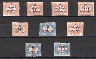 Trento e Trieste 1918 Segnatasse soprast., serie n° 1/9. Certificato: Biondi. Ca