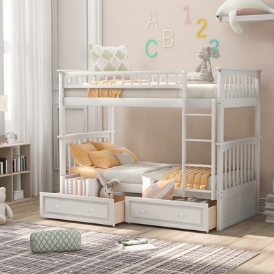 Twin over Twin Bunk Bed with Drawers, Convertible Beds Sturdy and Durability US