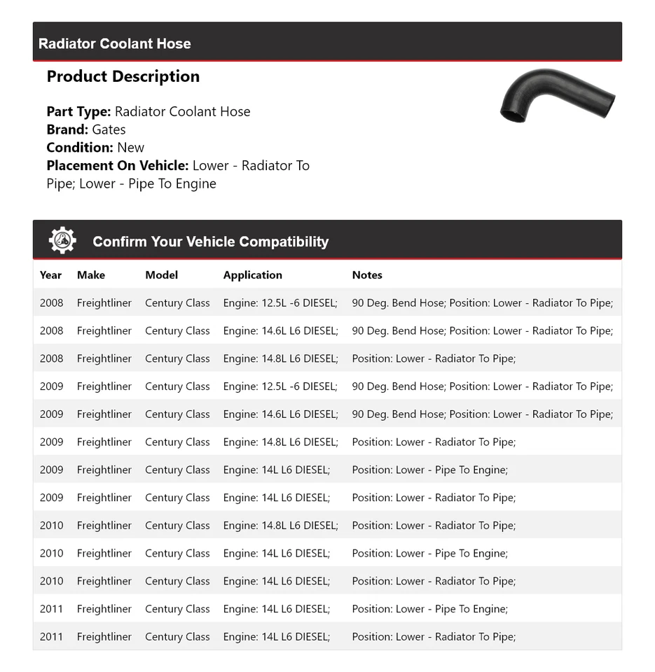 For 2008-2011 Freightliner Century Class Radiator Coolant Hose Gates 2009 2010 - Image 2 of 4