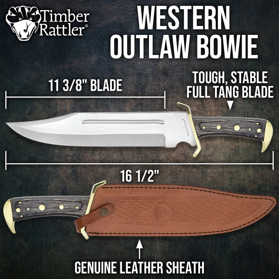 Faca Timber Rattler Western Outlaw Bowie Full Tang com bainha | 16,5” de comprimento - Imagem 2 de 4