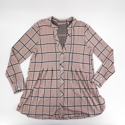 Soft Surroundings Shirt Womens Medium Beige Plaid  Button Up V-Neck Pleated