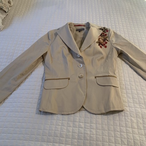 Ann Taylor Khaki Tan Three Button Blazer Cotton Blend Beaded Embroidered Women 2 - Picture 2 of 12
