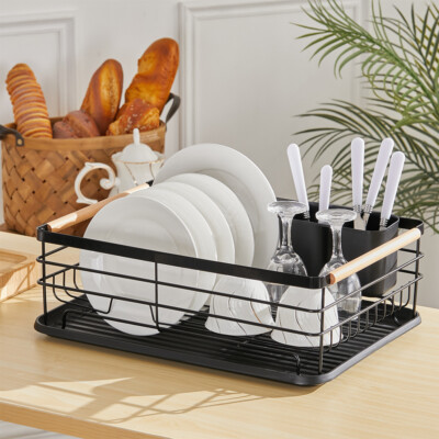 Black Metal Kitchen Dish Drainer Rack With Drip Tray Cutlery Cup