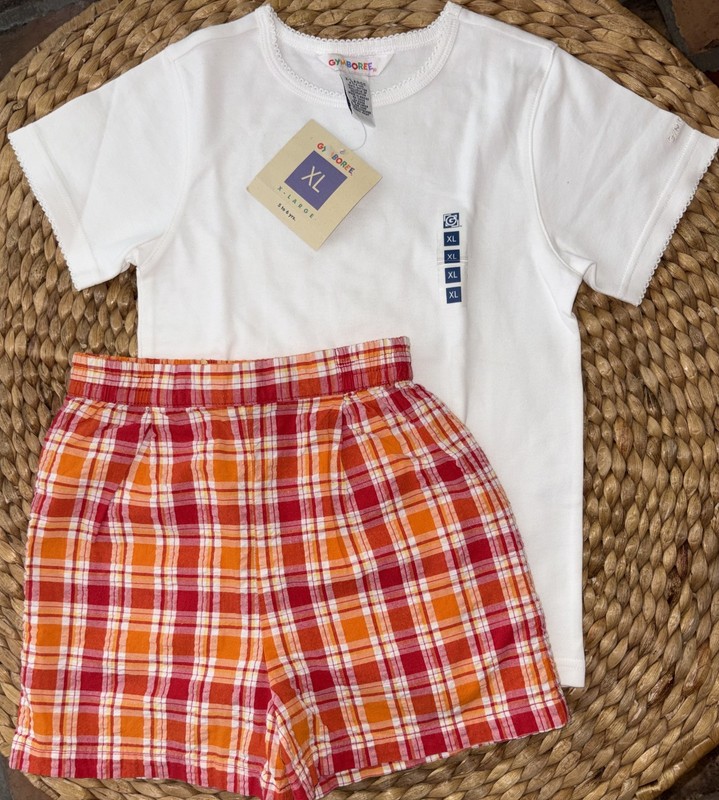 Gymboree vintage 1998 POP FLORAL red plaid SHORTS & NWT White TOP T-SHIRT XL 5 6