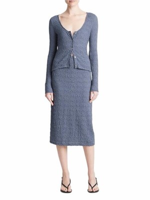 Vince Smocked Cotton Blend Midi Skirt in Dark Sea Steel Blue Size Large